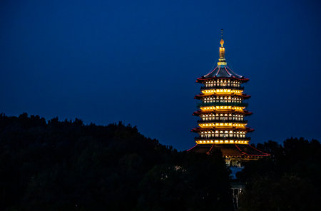 Tower of pagoda at night, Nanjing, Jiangxi, Chinaの写真素材