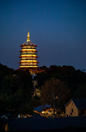 Pagoda at night in Hangzhou, China. Hangzhou is the capital and largest city of China.のeditorial素材