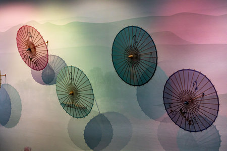 Chinese umbrellas in a Chinese temple, closeup of photoの写真素材