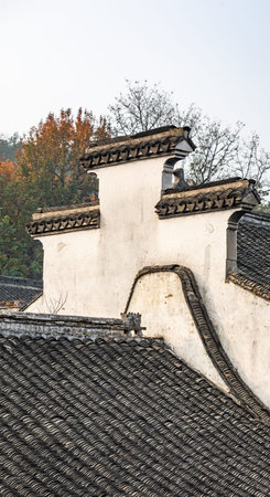 Architectural detail of a traditional chinese house, closeup of photoのeditorial素材