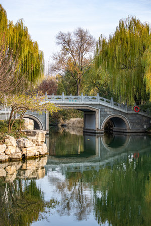 The bridge over the river in the park of the city of Beijingの写真素材
