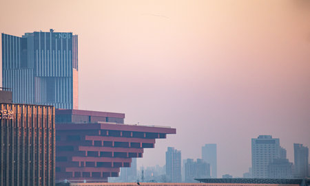 Cityscape with skyscrapers at sunset in Beijing, China.のeditorial素材