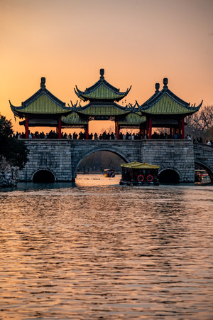 Chinese pavilion at sunset in Beijing, China.の写真素材