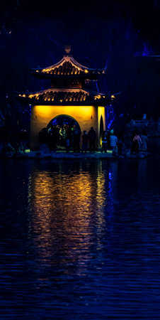 Chinese pavilion in the park at night, Beijing, China.のeditorial素材