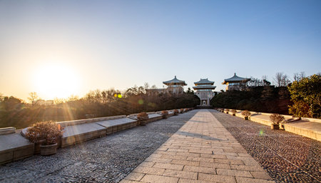 Beautiful scenery of the Great Wall of China at sunset in Beijingの写真素材