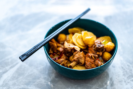 Bowl of Chinese Food with Pork and Vegetables. Traditional Chinese Food.