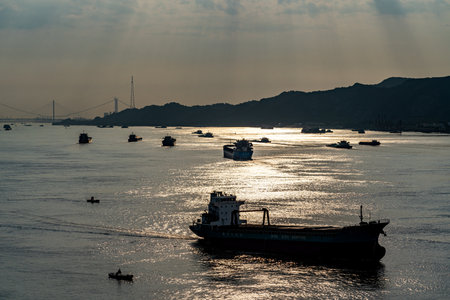 Fishing boats in the bay of Istanbul at sunset, Turkey.の写真素材