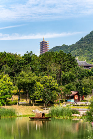 Beautiful landscape with pagoda and lake at Huizhou, China.の写真素材