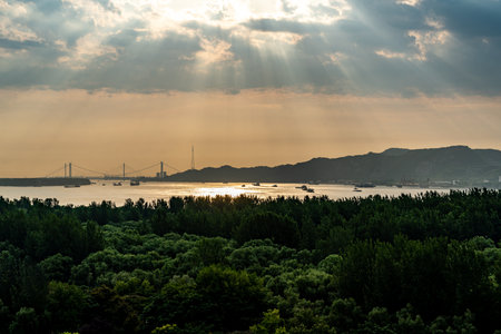 Sunset view of Tsing Ma bridge in Hong Kong, Chinaの写真素材