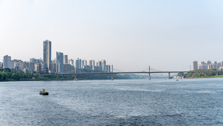 A view of the city of Chongqing from the river.の写真素材