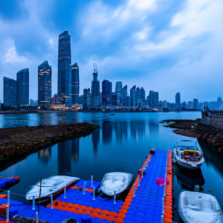Beautiful architecture building exterior cityscape in Chongqing city skyline at nightの写真素材