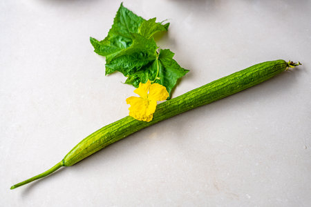 Fresh green luffa with flower and leafle background.の写真素材