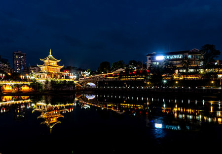 Night view of the ancient city of Xixiang, China.の写真素材