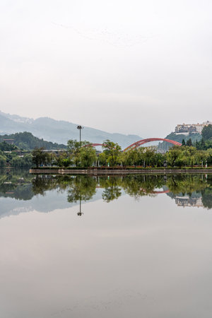 Landscape view of a lake in the city of Chengdu, China.の写真素材