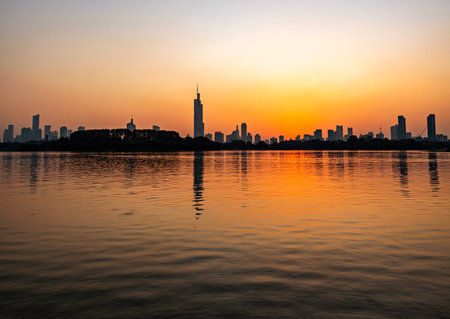 Qingdao skyline at sunset in China. Shanghai is a major city in China.の写真素材
