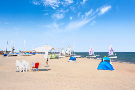 Beach with umbrellas and sun loungers, Franceの写真素材