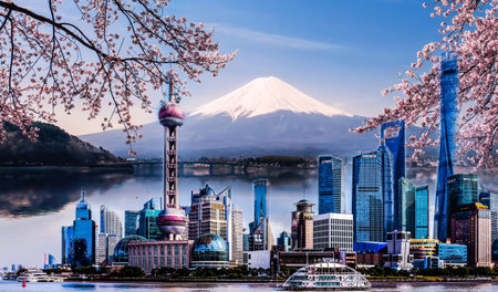 Mt Fuji and Cherry Blossom at Kawaguchiko lake in Japan