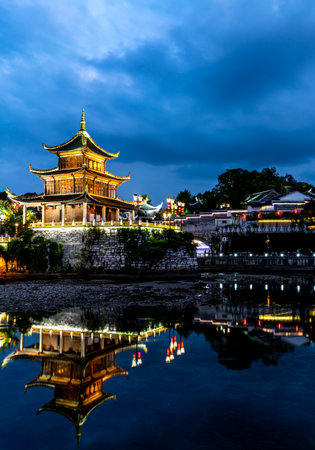 Night view of Jingzhou ancient city, Jiangsu Province, China.の写真素材