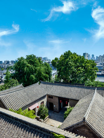 View of the city of Seoul from the Gyeongbokgung Palaceの写真素材