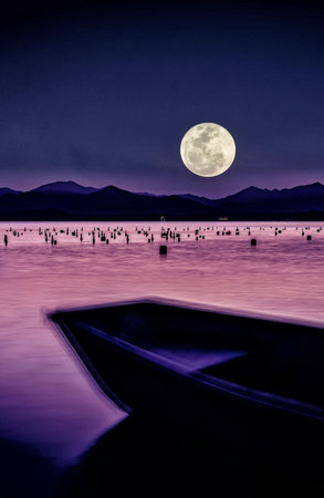 boat on the lake at night in full moon light, beautiful landscapeの写真素材