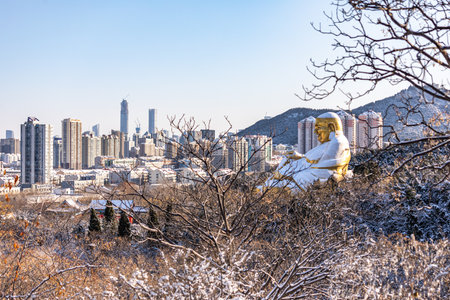 Beautiful landscape and cityscape with white snow at winter seasonの写真素材