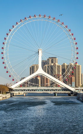 View of the Ferris wheel in Shanghai, China. Shanghai is the largest city in the world.の写真素材