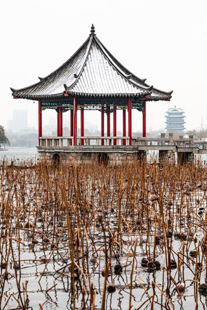 Pavilion on the lake in winter, Hangzhou, Chinaの写真素材