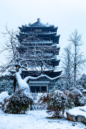 Pagoda in winter, Nanjing, Jiangsu Province, Chinaの写真素材