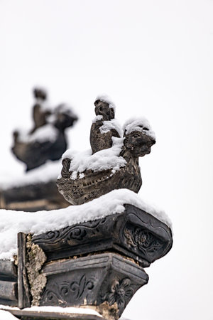 Lion statues in the Forbidden City in Beijing, China under snowの写真素材