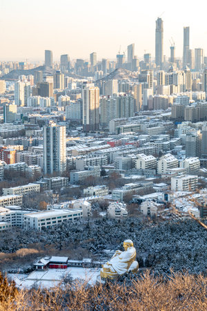 Aerial view of the city in winterの写真素材