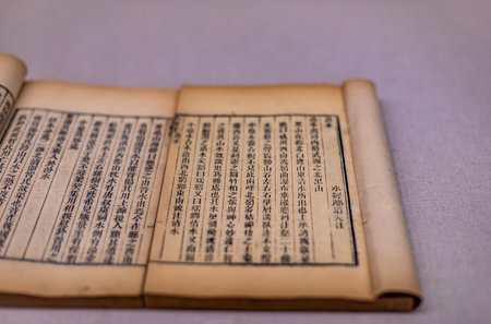 Old book with Chinese hieroglyphs on a white background.の写真素材
