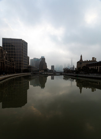Shanghai Bund and Huangpu river in the foggy morningの写真素材