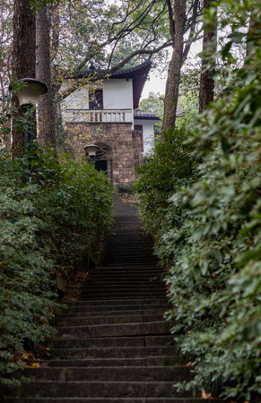 A vertical shot of a stone staircase leading up to the top of a hillのeditorial素材