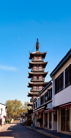 Pagoda and pagoda in old town of Suzhou, Chinaの写真素材