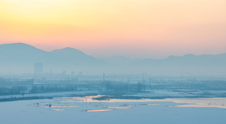 Sunset scenery in the winter, Luannan County, Hebei Province, Chinaの写真素材