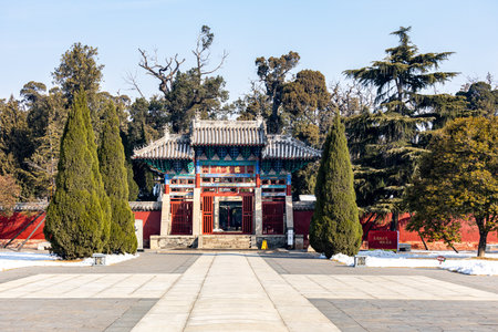 Ancient Chinese architecture in a park in winter, Beijing, China.の写真素材