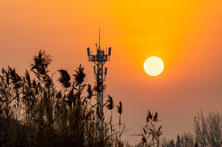 Telecommunication tower at sunset with sun in the sky, telecommunication concept