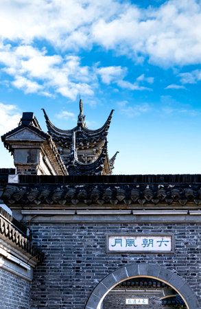 ancient chinese architecture in a temple, closeup of photoの写真素材