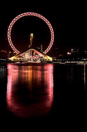 Singapore Flyer at night in Singapore.の写真素材