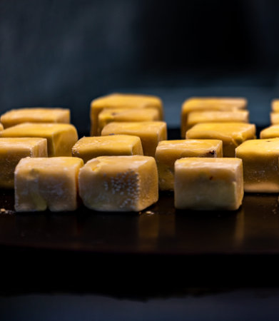 Caramel candies on a black background. Selective focus.