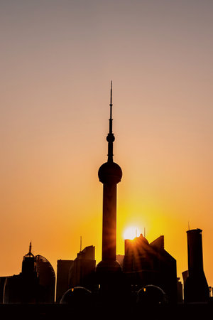 Shanghai skyline at sunset, China.の写真素材