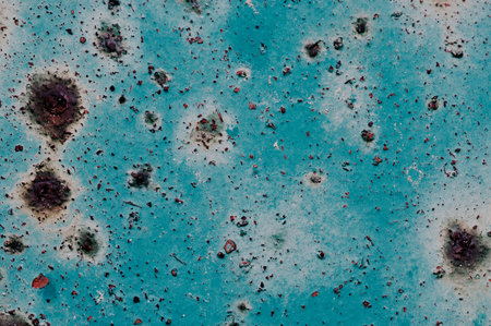 Old oil paint is flaking off the gate, revealing rust