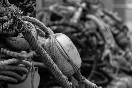 Old rotten fishing equipment rope buoy black and whiteの写真素材