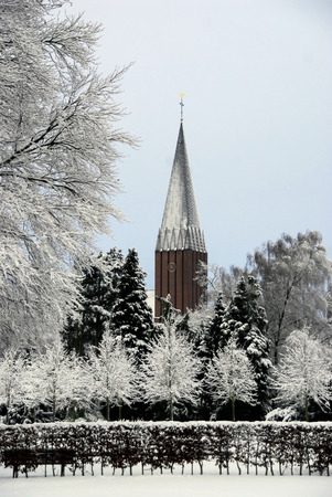 Sad white and grey winter scenery public park and churchの写真素材
