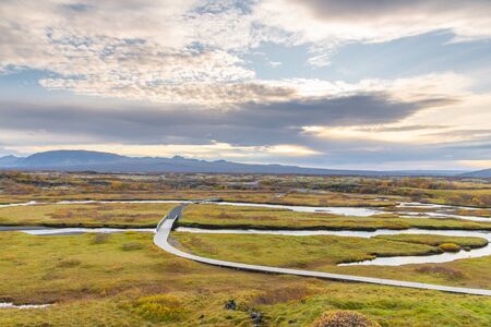 Thingvellir National Park in Iceland water and grassの写真素材