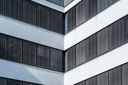 Modern facade front of modern business office building with dark window shades and white elements