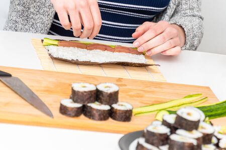 Sushi roll Japanese food fresh rolling makis with tunaの写真素材