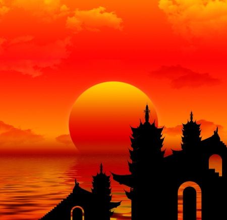 Pagoda sunset silhoutte の写真素材