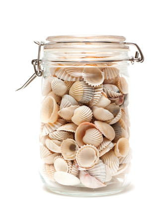 Seashells in glass bottleの写真素材