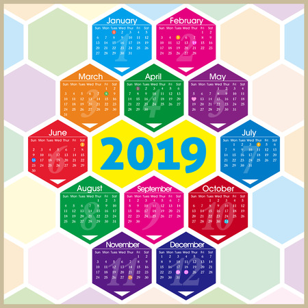 year of 2019 calendar with hexagon patternのイラスト素材